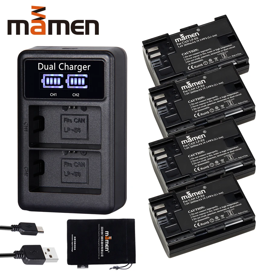 Цифровой аккумулятор LP E6 2600 мАч 4 шт. LPE6 USB ЖК дисплей двойное зарядное устройство