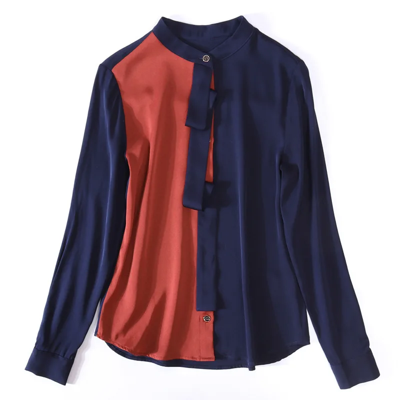

Top Quality Silk Blouse Shirt 2020 Spring Style Women Color Block Patchwork Long Sleeve Brown White Elegant Work Shirts Female