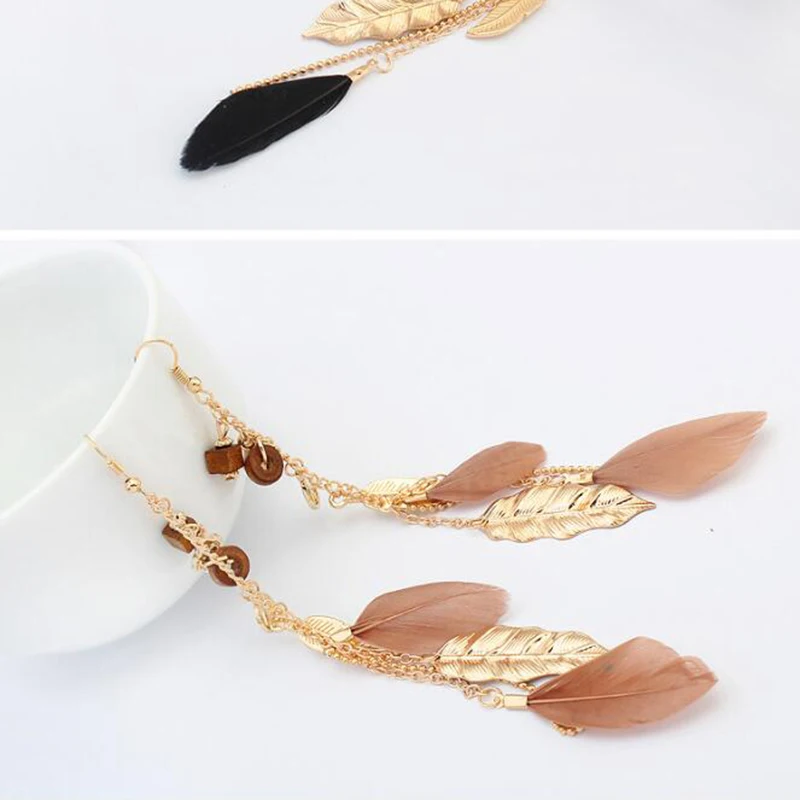 Серьги в богемном стиле черные зеленые листья кисточки перо длинные серьги с