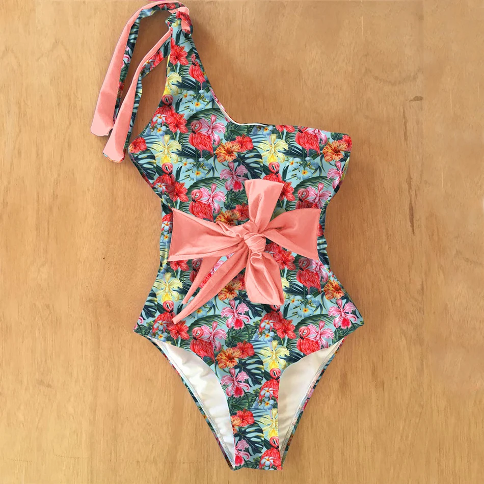 Тропический женский слитный купальник бандажный с принтом купальный костюм на