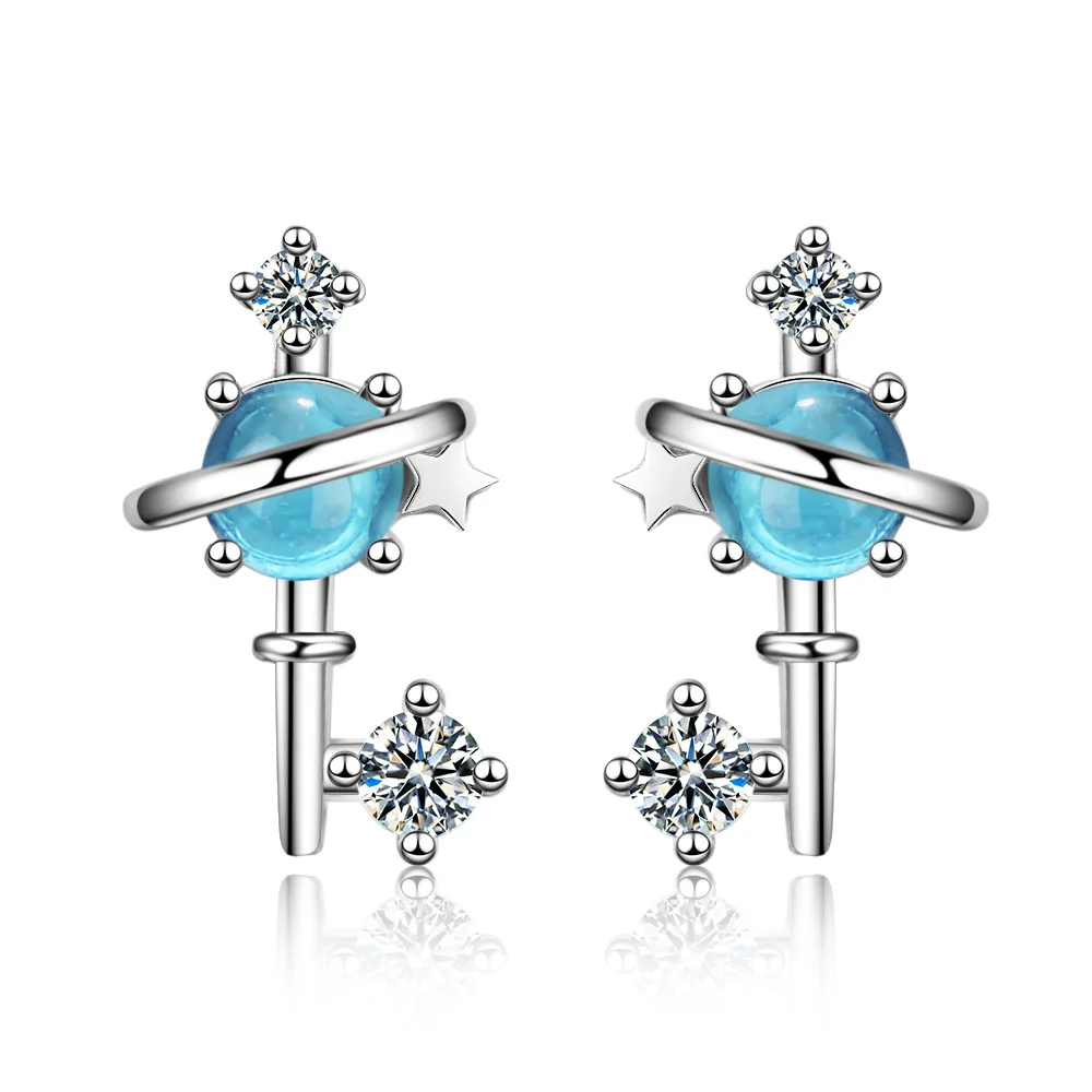 

925 Sterling Silver Blue Crystal Planet Stud Earrings For Women Party Wedding Party Jewelry Accessories Pendientes eh219