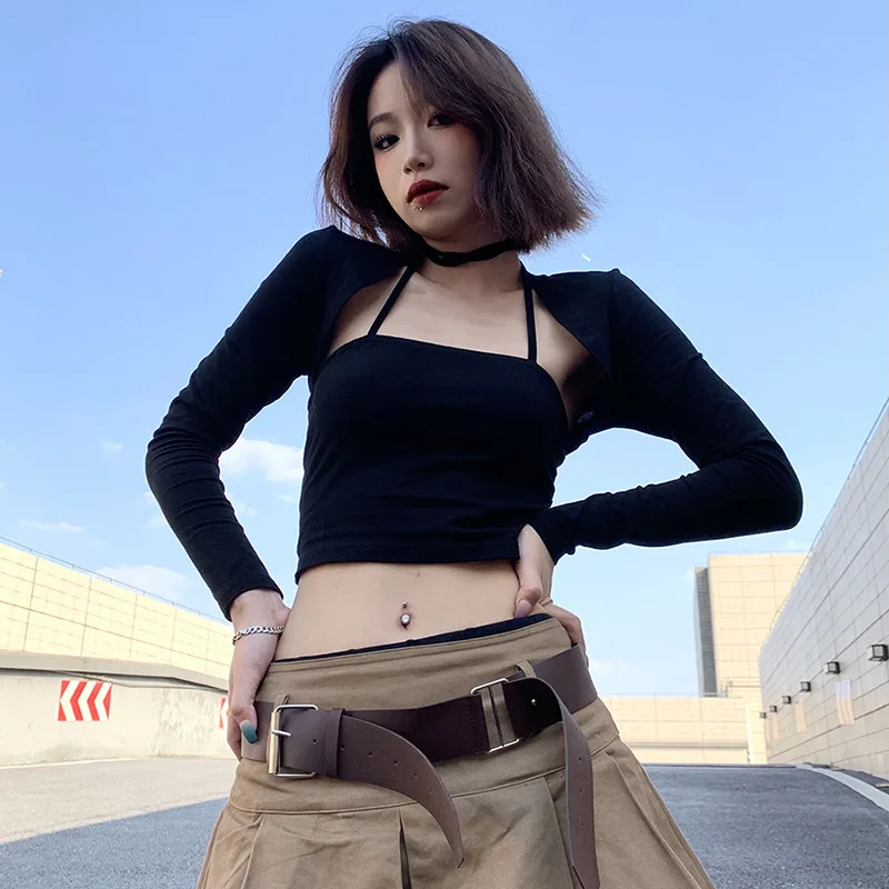 

Fashion Trends 2021 Independent Station Summer New Women's Solid Color Neck Vest Long Sleeve Sexy T-shirt Two-piece Women's Wear