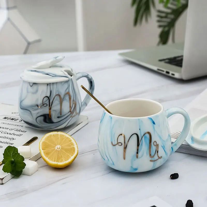 

380ml Creative Ceramic Mug Coffee Mug Gold Inlay With Cover Spoon Cafe Espresso Cute Couple Cups Morning Milk Tea Cup Gift