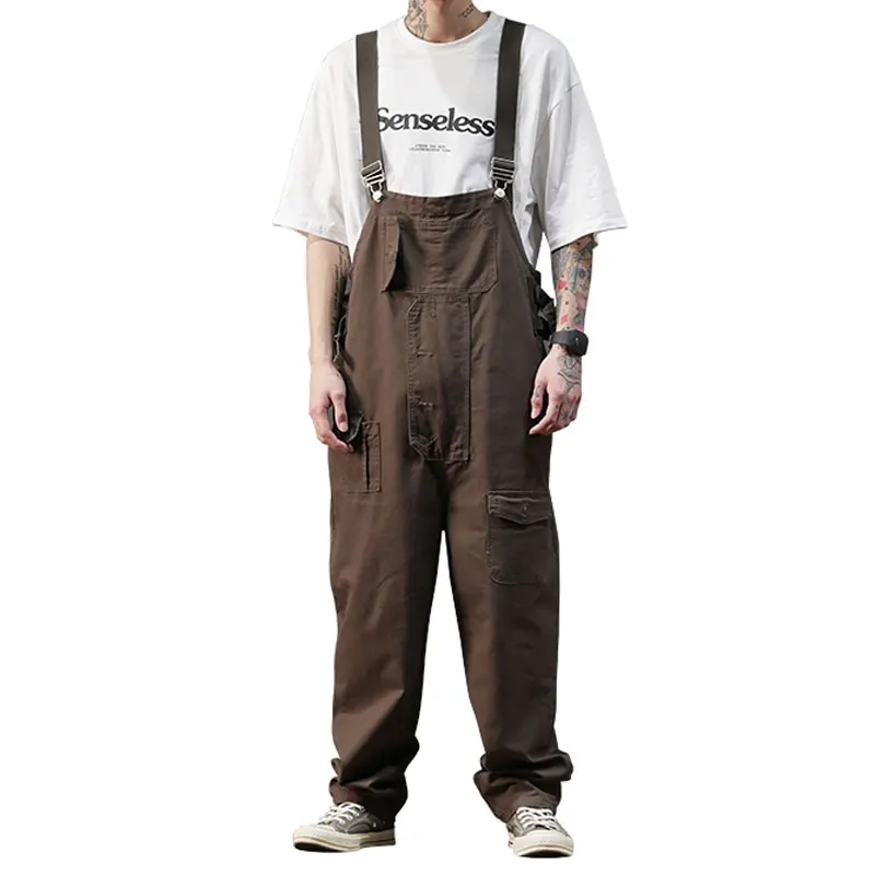 2021 Loose Bib Overalls Jumpsuits For Mens Cotton Fashion Multi-Pocket Straight Pants Street Hip Hop Khaki Brown Trousers