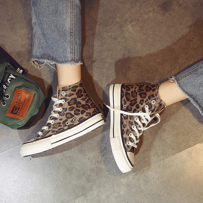 

Women High Top Canvas Platform Vulcanized Shoes Woman Leopard Sneaker Thick bottom Lady Trainers Female Footwear Chaussure Femme