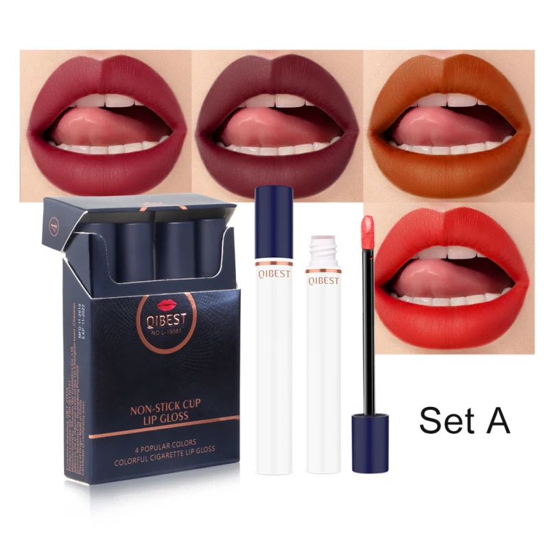 

QIBEST makeup 4 Colors Matte Lipstick Set Durable Moisture Waterproof Lasting Sexy Red Cigarette Lip Gloss Fashion Makeup Gift