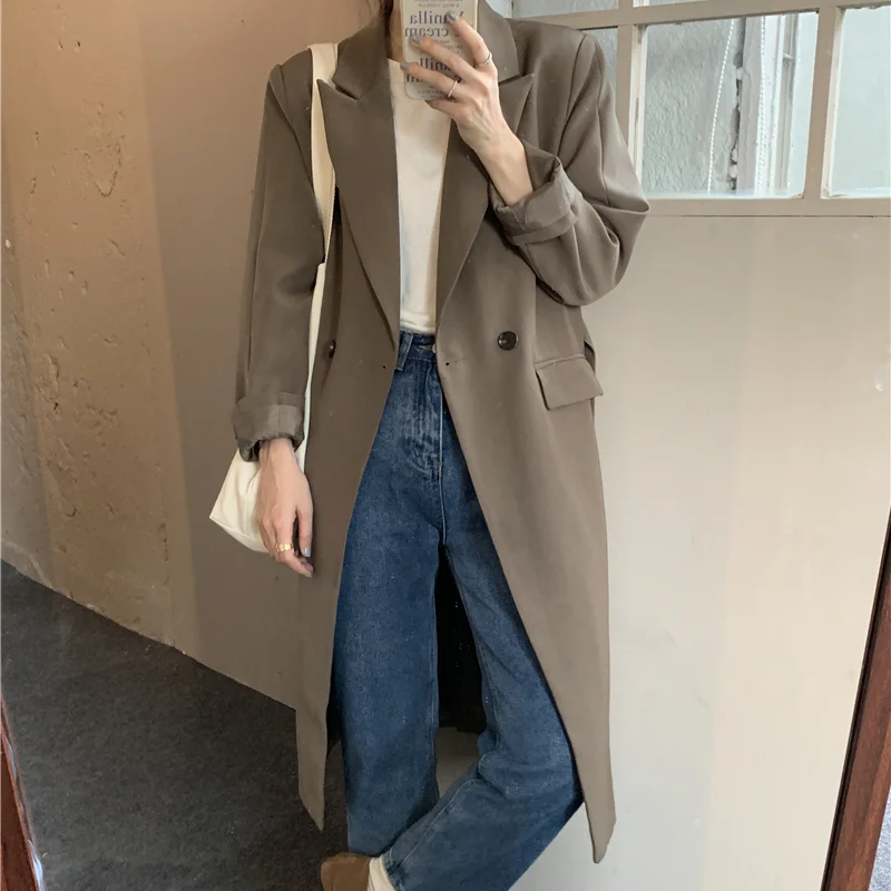 

Осенне-зимнее винтажное Оригинальное свободное двубортное повседневное шикарное пальто в Корейском стиле с отложным воротником, элегантн...