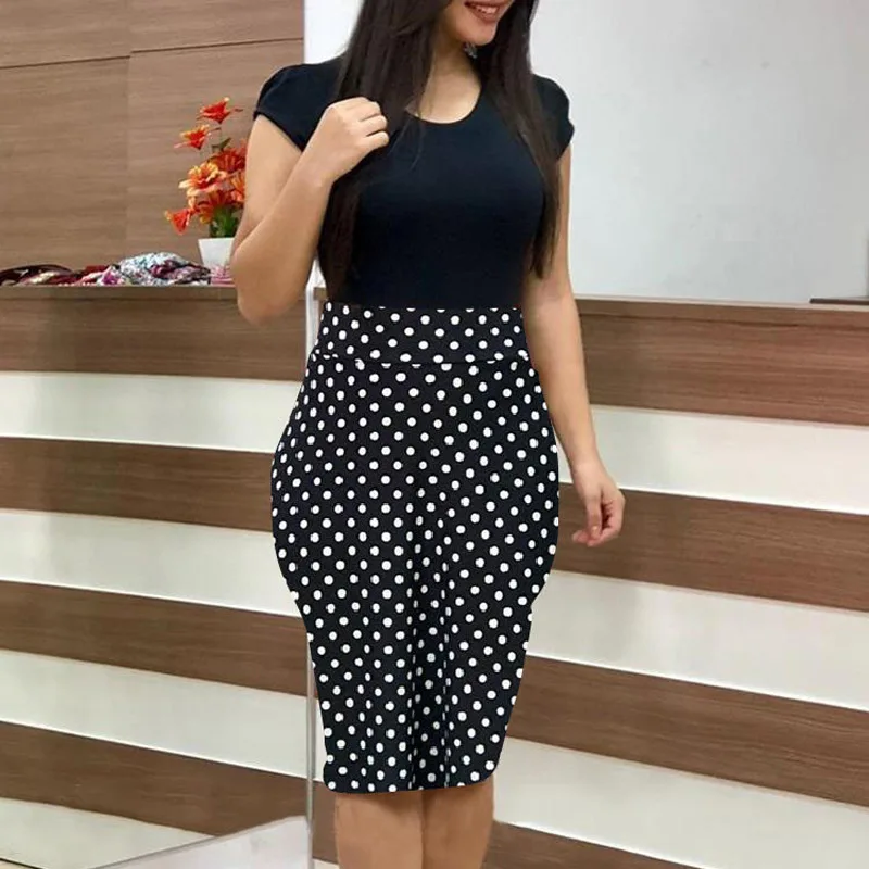 

2021 Women's Summer Flower Polka Dot Print Short Sleeve Dress O-Neck Wild Sexy Slim Fit Bag Hip Bodycon Dress Plus Size 5XL