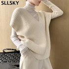 Женский свитер-жилет Sllsky, новинка осенне-зимнего сезона, универсальные вязаные пуловеры оверсайз, однотонные винтажные женские трикотажные топы без рукавов