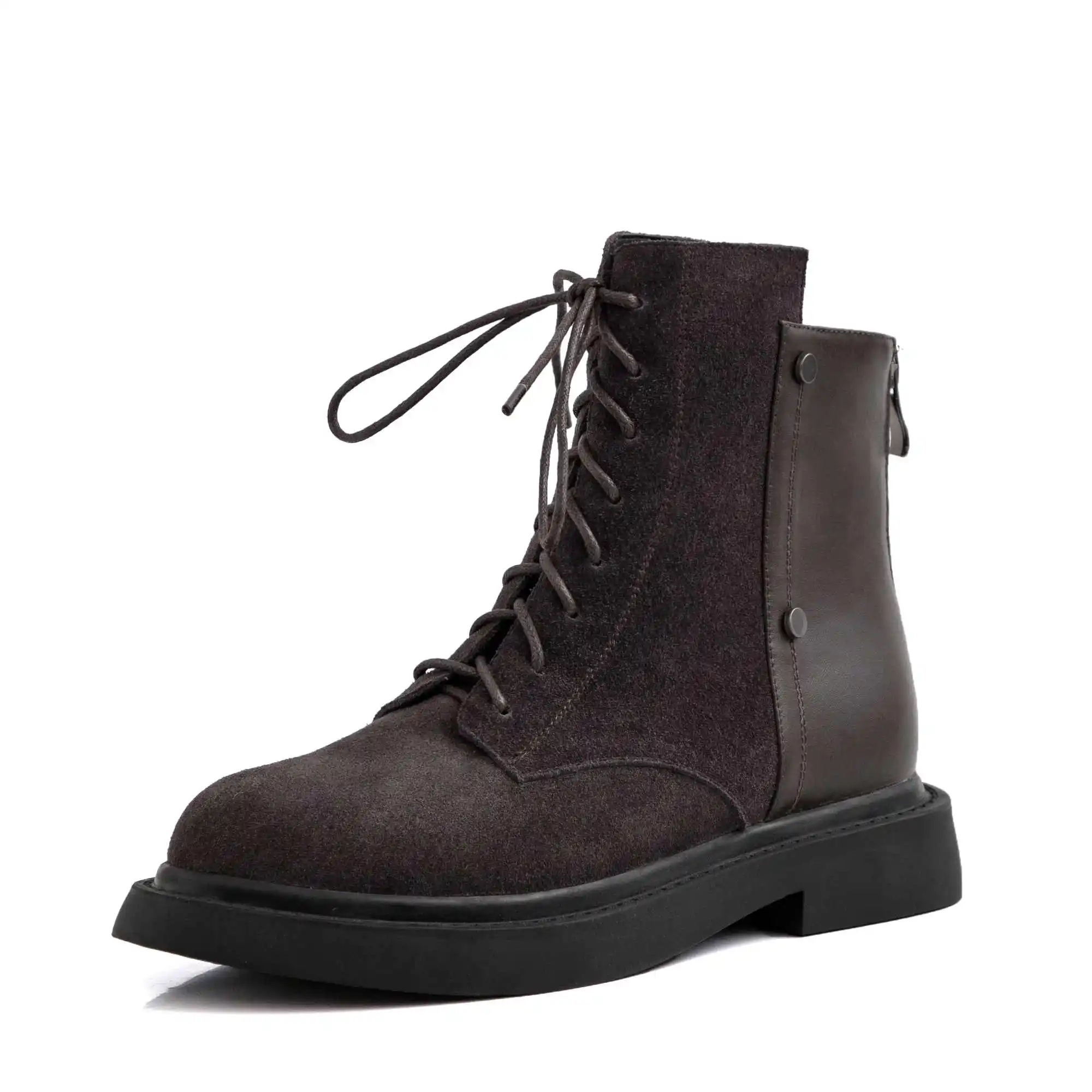 Harga Krazing Pot Desain Baru Kulit Sapi Patchwork Sepatu Rock Paku Keling Med Sepatu Hak Round Toe Renda Kampus Musim Dingin Hangat Pergelangan Kaki Sepatu L26