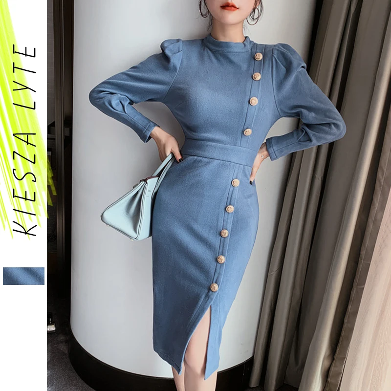 Женское однобортное платье для офисных леди повседневное модное с высоким