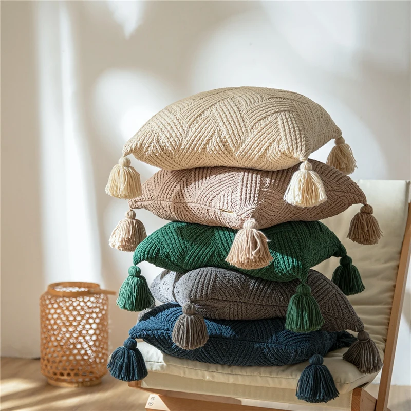 Knitting Solid Color Cushion Cover Geometric Striped With Tassel Soft Pillow Modern Fashion Home Decoration For Sofa | Дом и сад