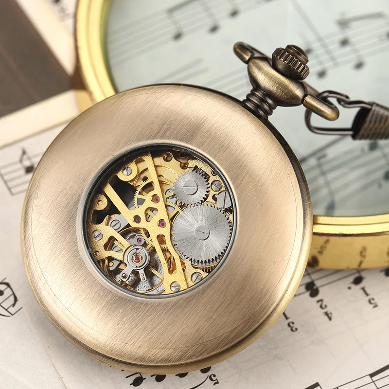 Antique Wood Mechanical Pocket Watch for Collection Roman Numerals Wooden Skeleton Dial Fob Clock with Gift Box for Dropshipping