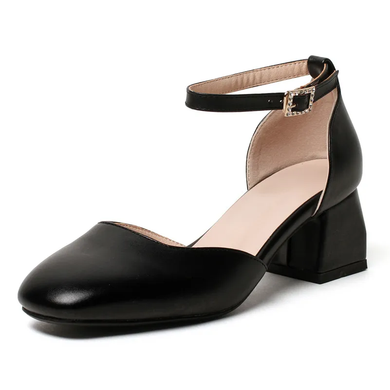 

FOREADA Two Piece Pumps Ankle Strap High Heels Crystal Buckle Block Heel Shoes Square Toe Female Footwear Beige Black Size 33-43