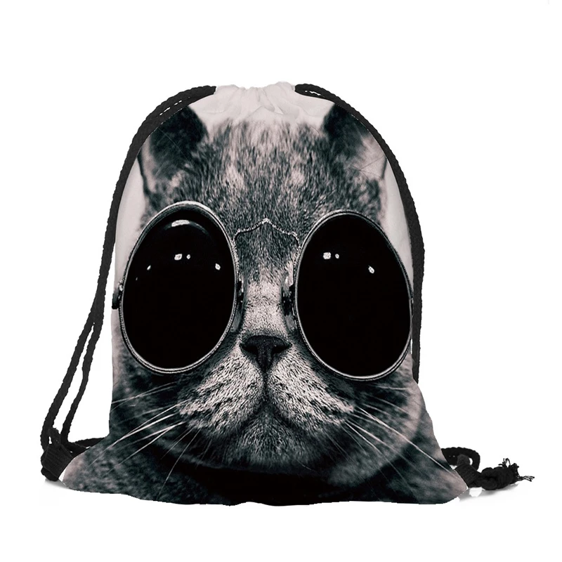 20PCS/LOT Women Drawstring Bags 3D Cartoon Cat Printing Travel Backpack Portable Softback Pouch Travel Pouch Wholesale