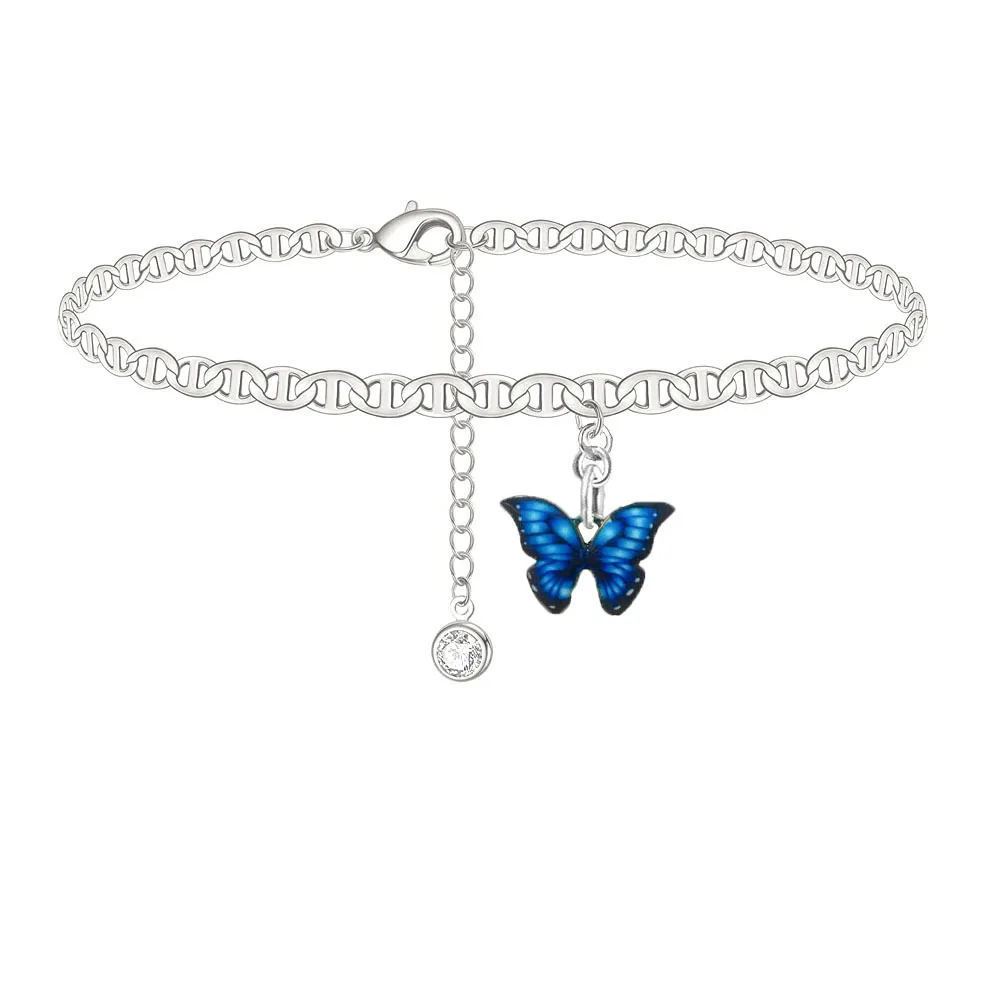 Анклет-бабочка женский модный ножной браслет серебристого цвета с синей