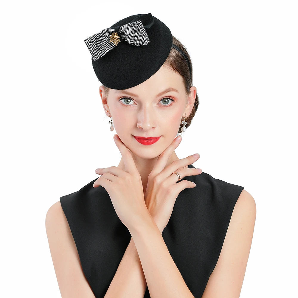 Вуалетки черная Дамская Шляпка колокольчиком шляпа с вязаная бантом зимняя