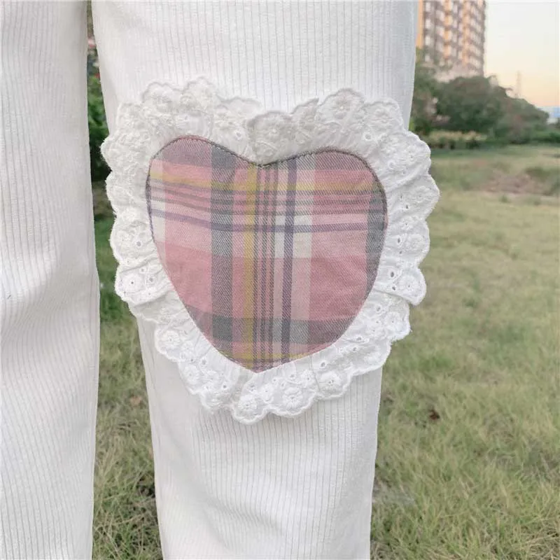 

Japanese Kawaii Cute Soft Sister Harajuku Wild Casual Corduroy Straight Pants Teen Girls Love Heart Patch Loose Students Pants