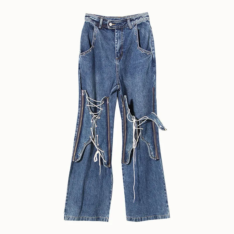 

YUERWANG Women Jeans Blue Loose Bandage Flare Jeans High Waist Long Denim Pants Fashion All Match Ladies Denim Trousers 2021 New