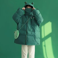 funny frog green padded clothes womens winter cartoon cute plush warm new puff jacket hooded parkas japanese kawaii crop top