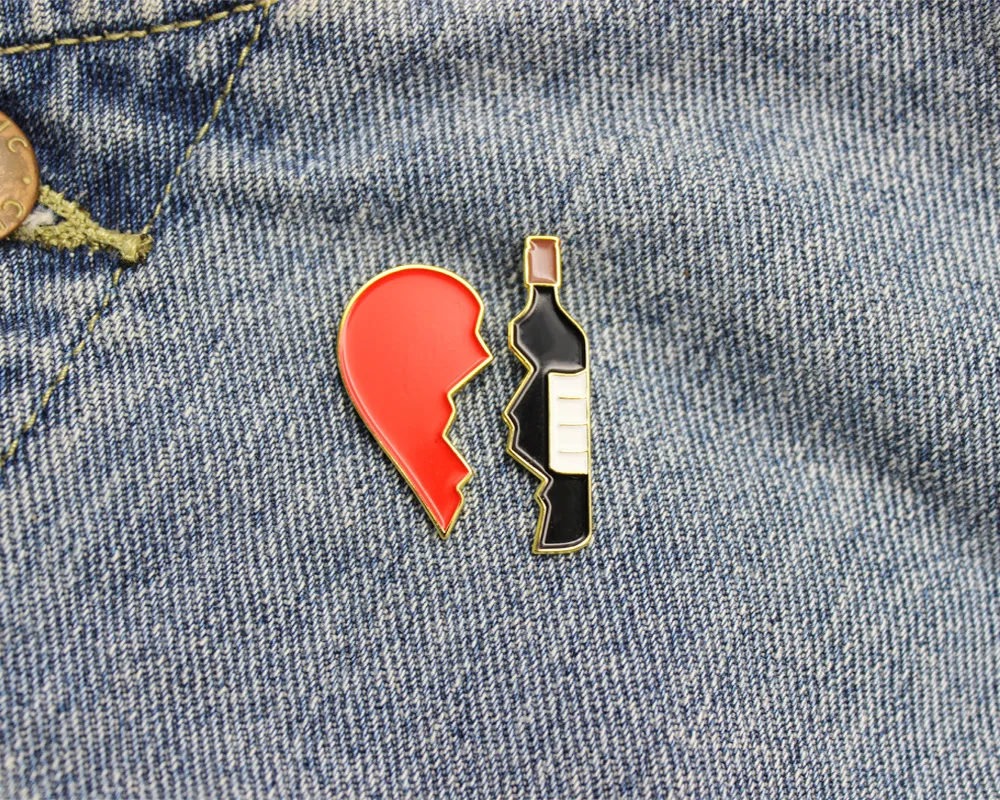 2pcs/set Broken Heart Wine Bottle Pin Metal Brooch Pins DIY Sweater Denim Jacket Badge Gift Jewelry for Women Girl Couple - купить по