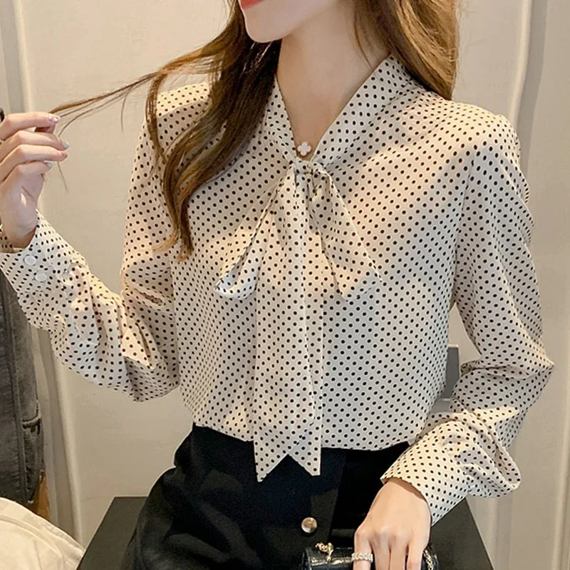 

New Elegance Wave Point Shirts and Blouses Women's Long Sleeve Chiffon Tops Button Bow Fashion Clothing Female Dropshipping 2689