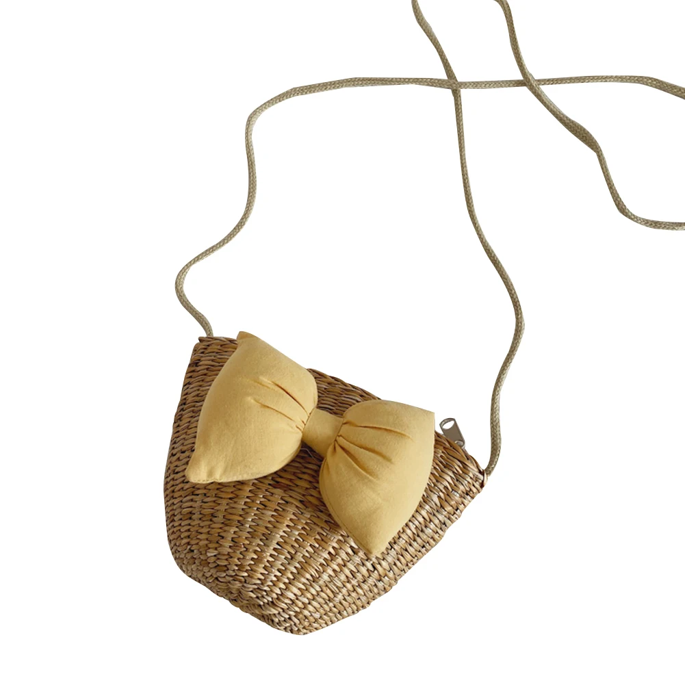 

Children Girls Mini Straw Bag Girls Big Bow Zipper Shoulder Bag Casual Portable Beach Change Purse