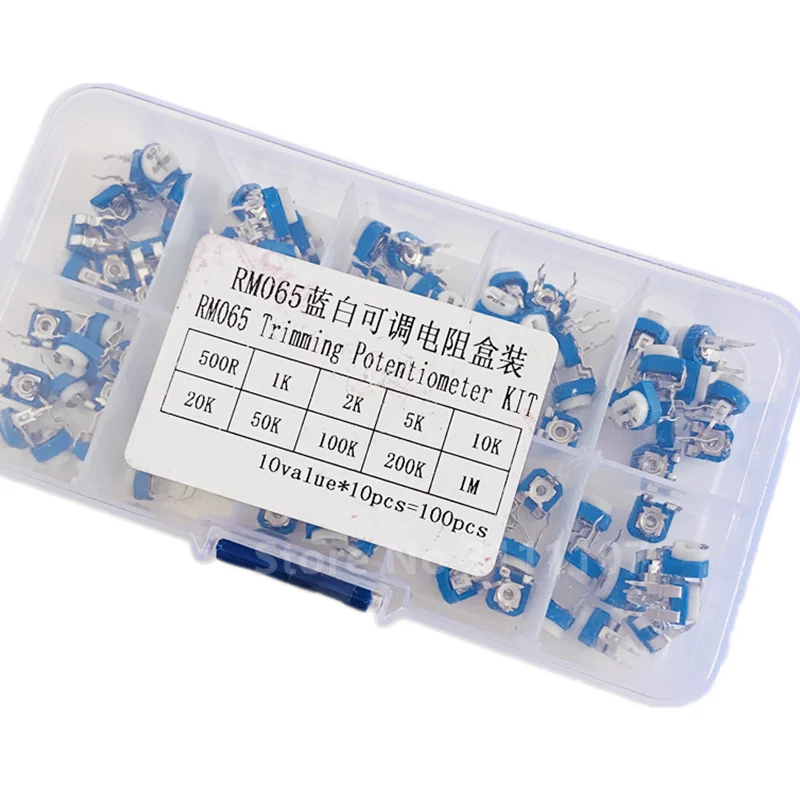 

100PCS/BOX RM065 Trimming Potentiometer Assortment Kit 10 Values Variable Resistor 500R - 1M