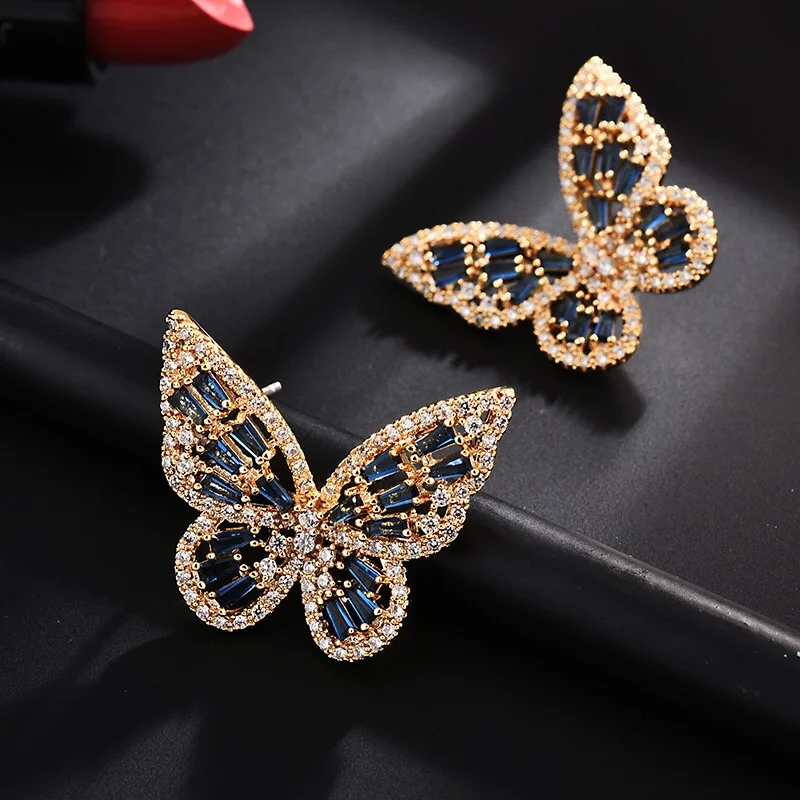 

Fashion Wedding Earring CZ Big Pink Butterfly Stud Earrings Luxury Exquisite Hollow Colorful Earrings For Women Jewelry
