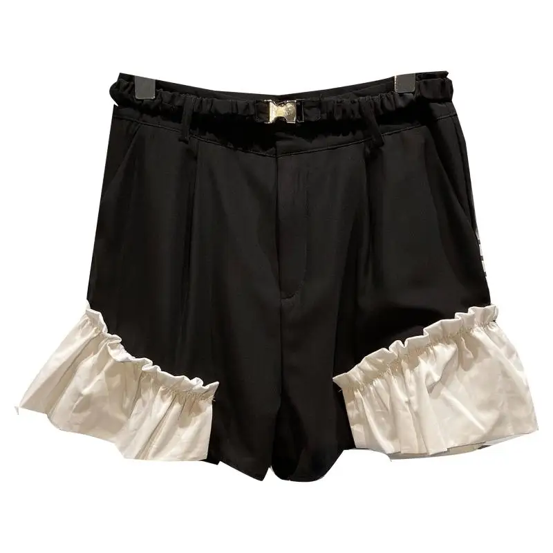 

2021 Summer Women Shorts New Small Fragrance Pleated Lace Stitching Design Temperament Lady Three Point Shorts