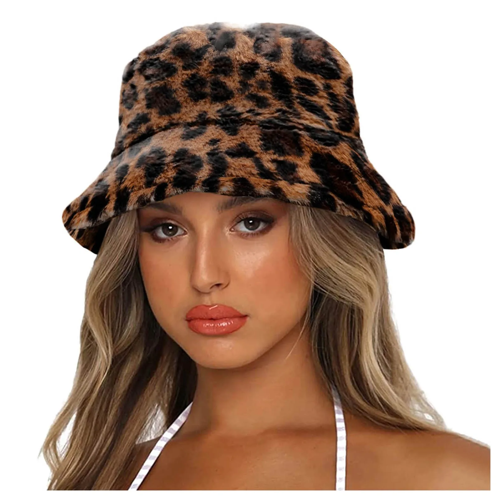 

2021 Winter Fashion Cute Leopard Bear Ear Bucket Hat For Women Thick Warm Faux Fur Furly Fisherman Cap Outdoor Protection