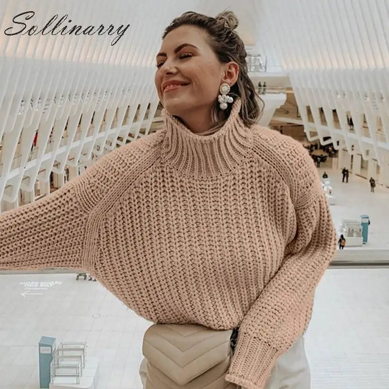 Sollinarry, вязаные зимние пуловеры, свитера для женщин, Осенние, с высоким воротом, свободный свитер, джемпер, женский, однотонный, хаки, шикарный свитер, топы