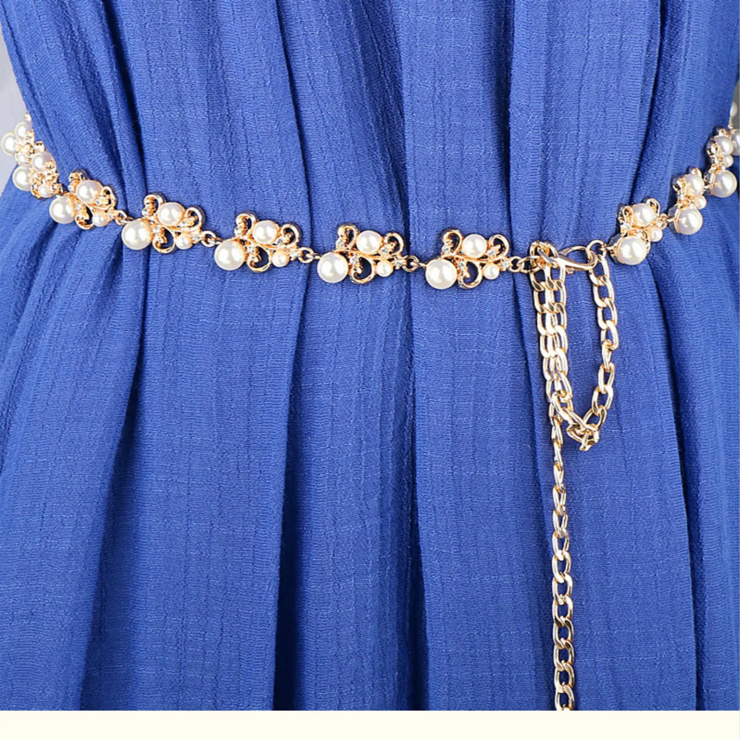 Pearls And Golden Leaves Flowers Women Belt Skirt Versatile Sweet Decoration Thin Waist Chain Metal Sweater Dress Accessories