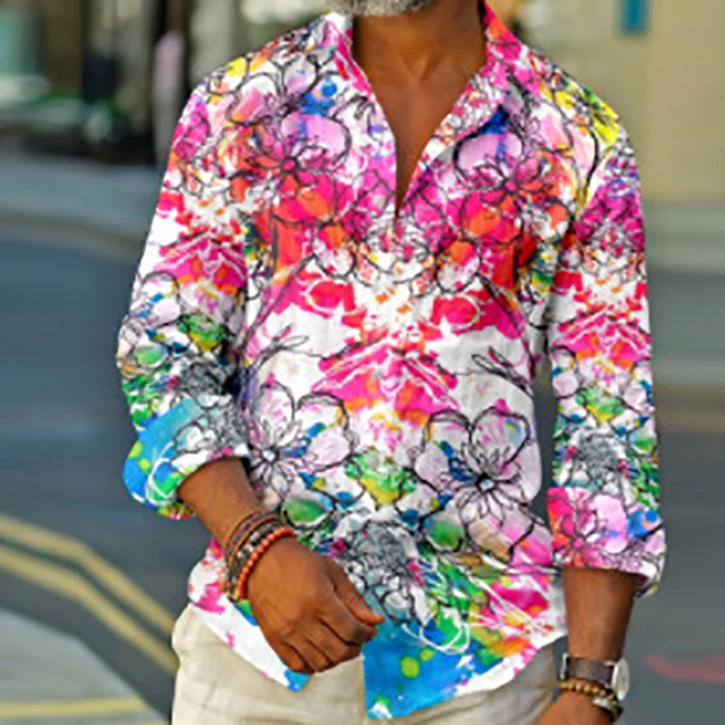 

Men's Turn-Down Collar Long Sleeve T-Shirt, Streetwear, Casual, Vintage, Colorful Print, Spring, Fall， Slim Fit Shirt Men