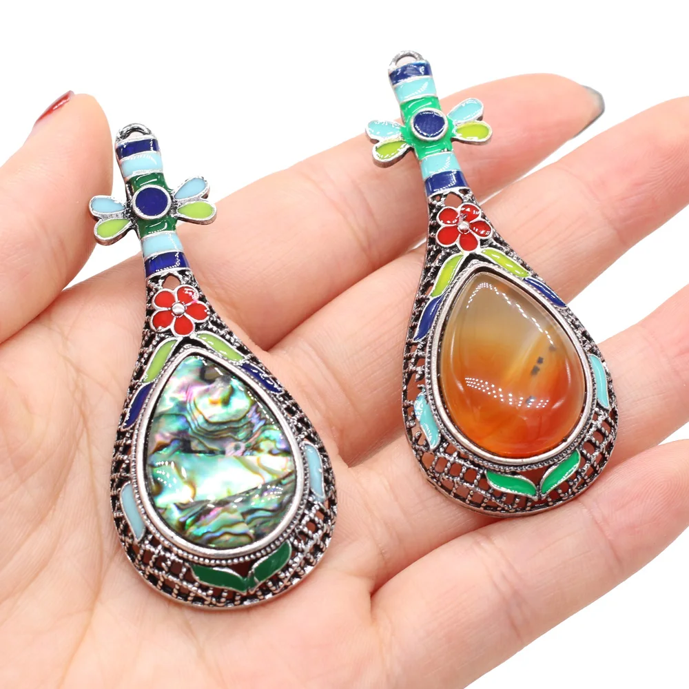 

Natural Stone Pendant Alloy Drop Shape DIY Necklace Jewelry Gorgeous Colors Rich Layers Jewelry 28x66mm