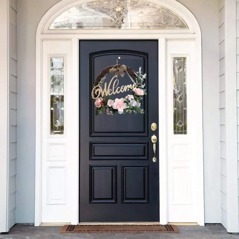 

Welcome Sign Wreath Front Door Hanger With Bow Round Outdoor Hanging Decoration For Home Vertical Sign 9.8 Inch Rattan Wedding