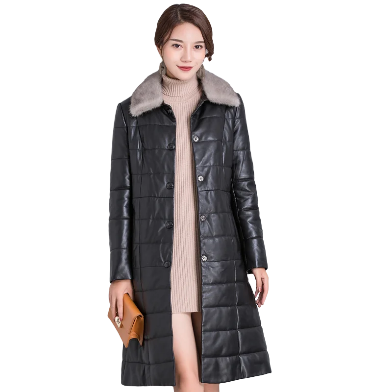 Женская длинная куртка на утином пуху из натуральной норки с воротником 100% меха в