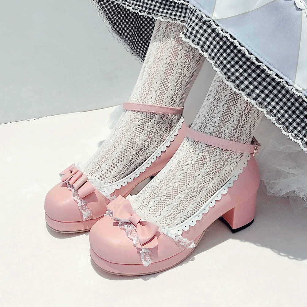

Karinluna New Arrivals Mary Janes Sweet Girls Shoes Lolita Style Square Thick Heels Round Toe butterfly-knot Candy Color Pumps