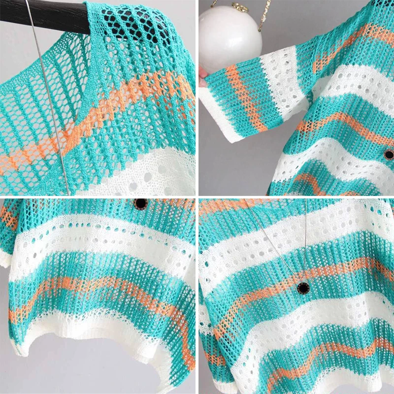 

Casual Colours Stripe Hollow Out Knit Cover-Up Tops Women Vintage Half Sleeve Loose Knitwear Plus Size 5XL V-Neck Pullover Tees