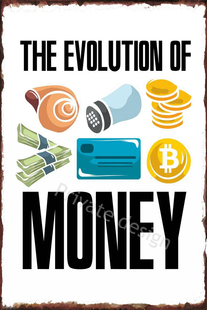 

Эволюция денег, Настенный декор, украшение для комнаты, Ретро винтажный металлический знак, жестяной знак, фотоэлемент искусства, домашний ...