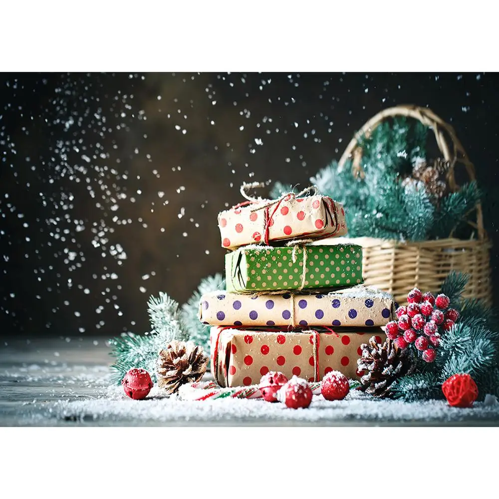 Christmas Holly Pine Cone Gifts Basket Snow Bokeh Photo Background Vinyl Photography Backdrop for Children Baby Shower Photocall |