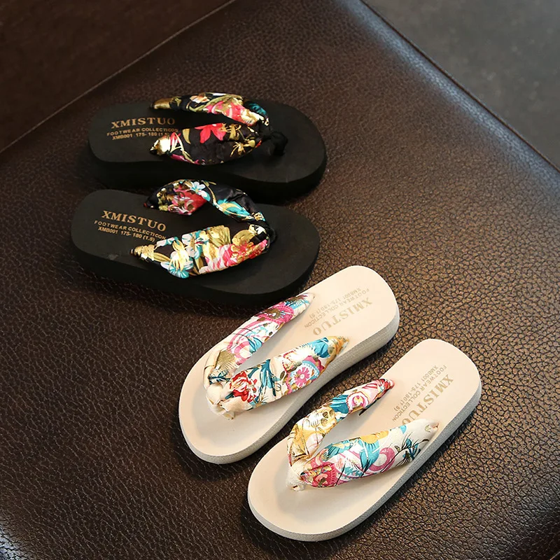 

Floral Beach Sandals Slippers Flip Flops Wedge Platform Thongs White Summer Shose For Women Girls Thick Bootom Size 33-42