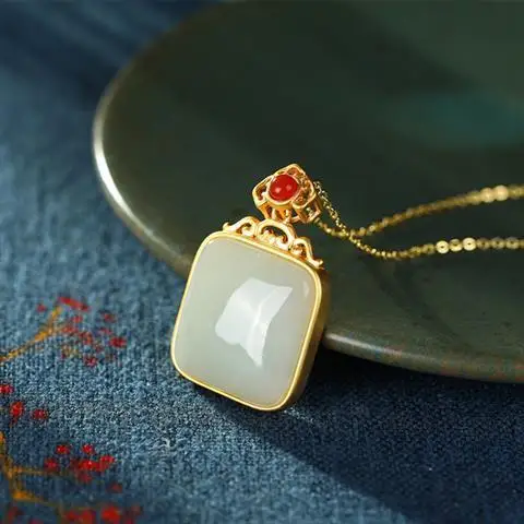 

S925 Sterling Silver Hetian Jade Gray Jade Square Plate Pendant Vintage Jade Ladies Clavicle Chain Necklace Sweater Chain