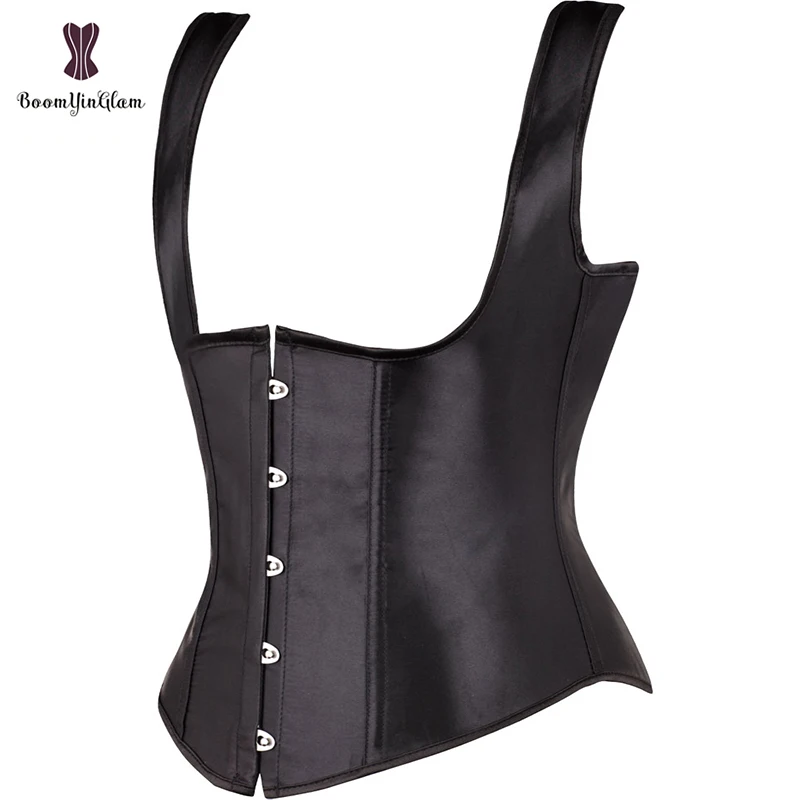 Черный сатиновый Женский корсет на бретельках для тренировки тела под грудь плюс
