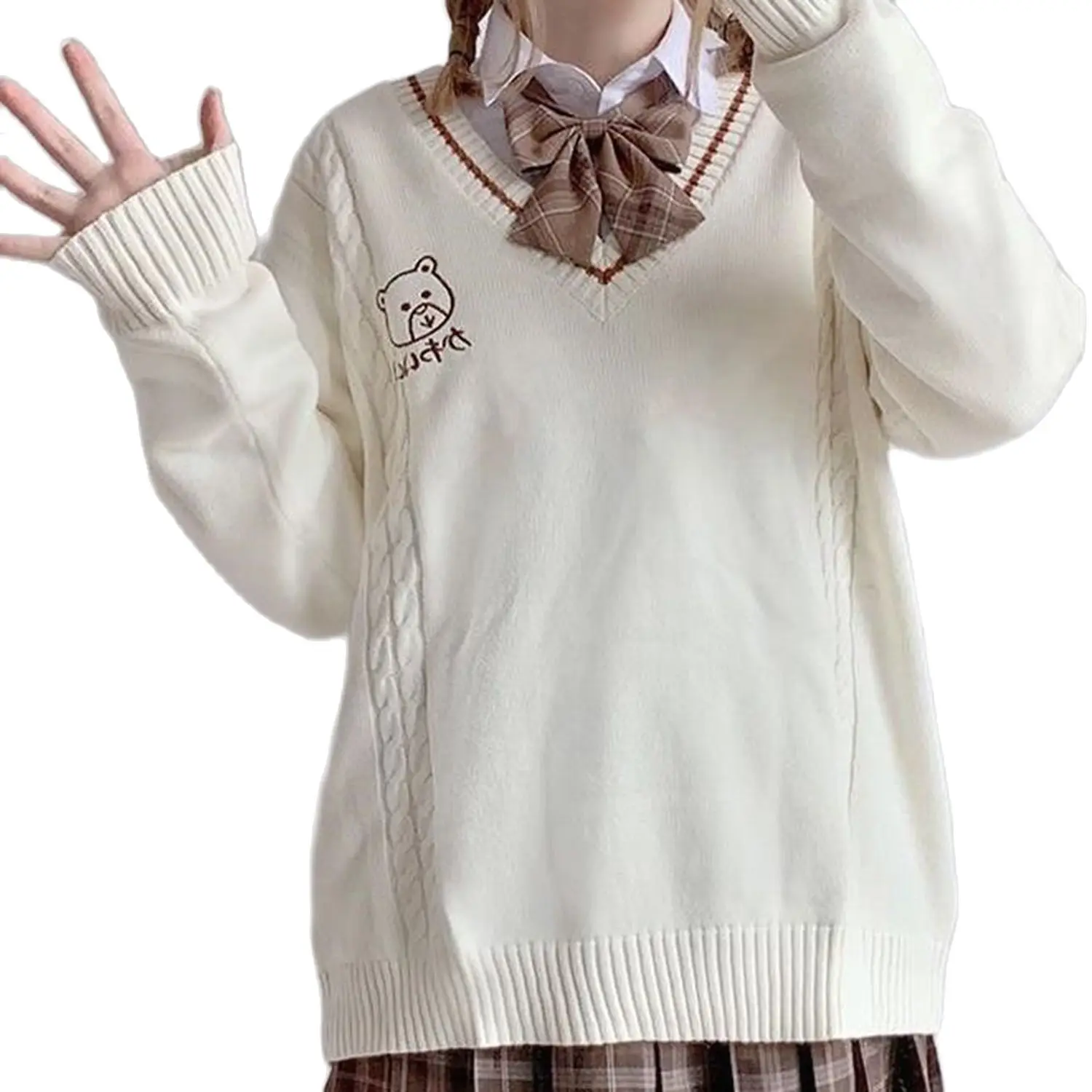 

Harajuku Kawaii Long Sleeve Sweater Women Winter Autumn Y2k JK Uniform Sweety V-neck Pullovers Tops Schoolgirl Clothing