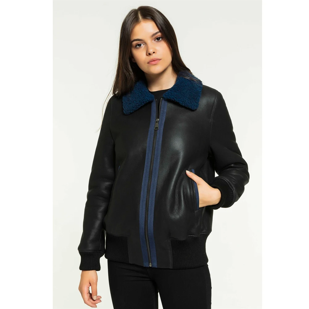 2019 New Womens College Shearling Jacket Turkey Sheepskin Coat Black Leather Jacket Short Fur Coat