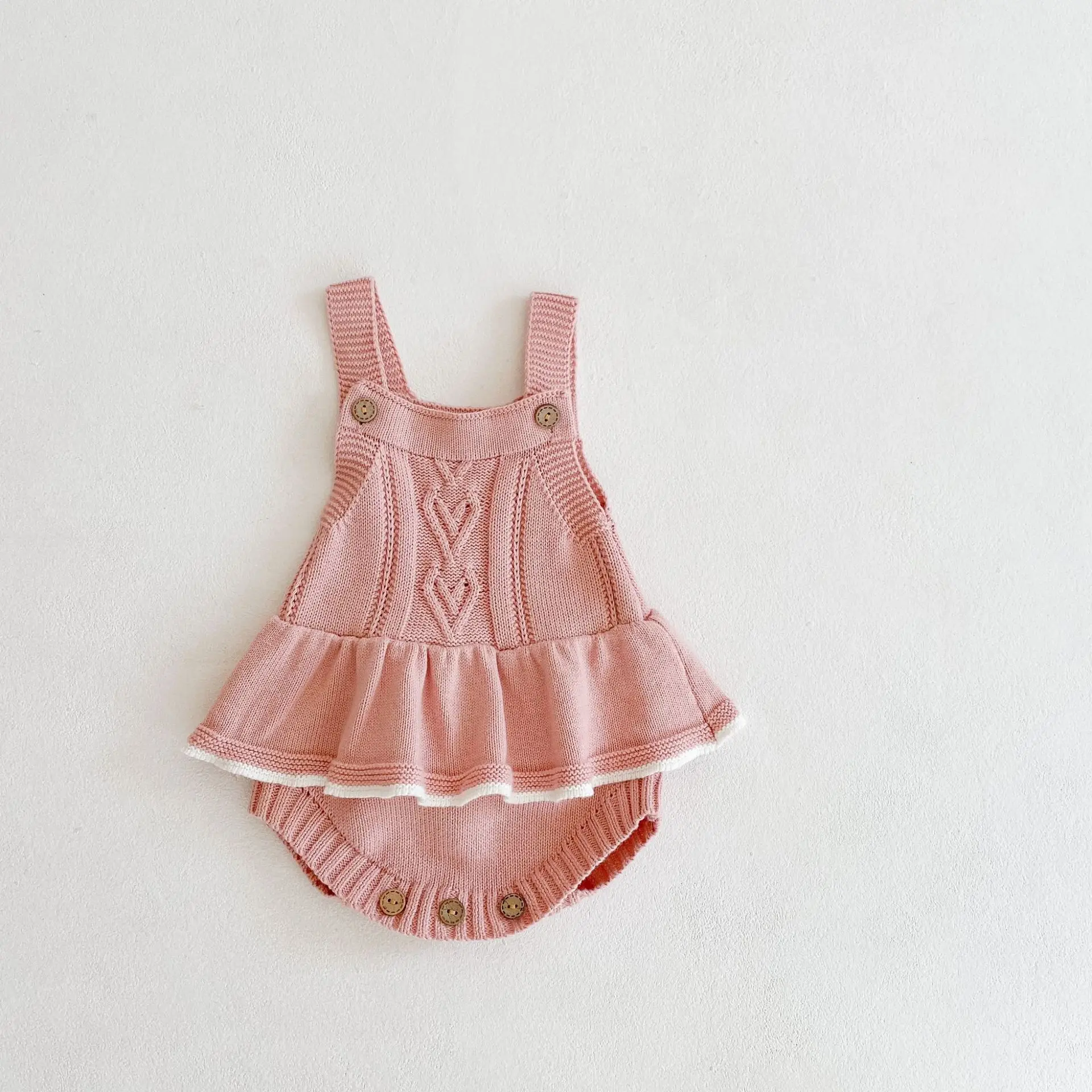 

2021 Spring Baby Girl Knitted Clothes Newborn Baby Girl Bodysuit Set Sleeveless Strap Jumpsuit With Girls Knitted Hat