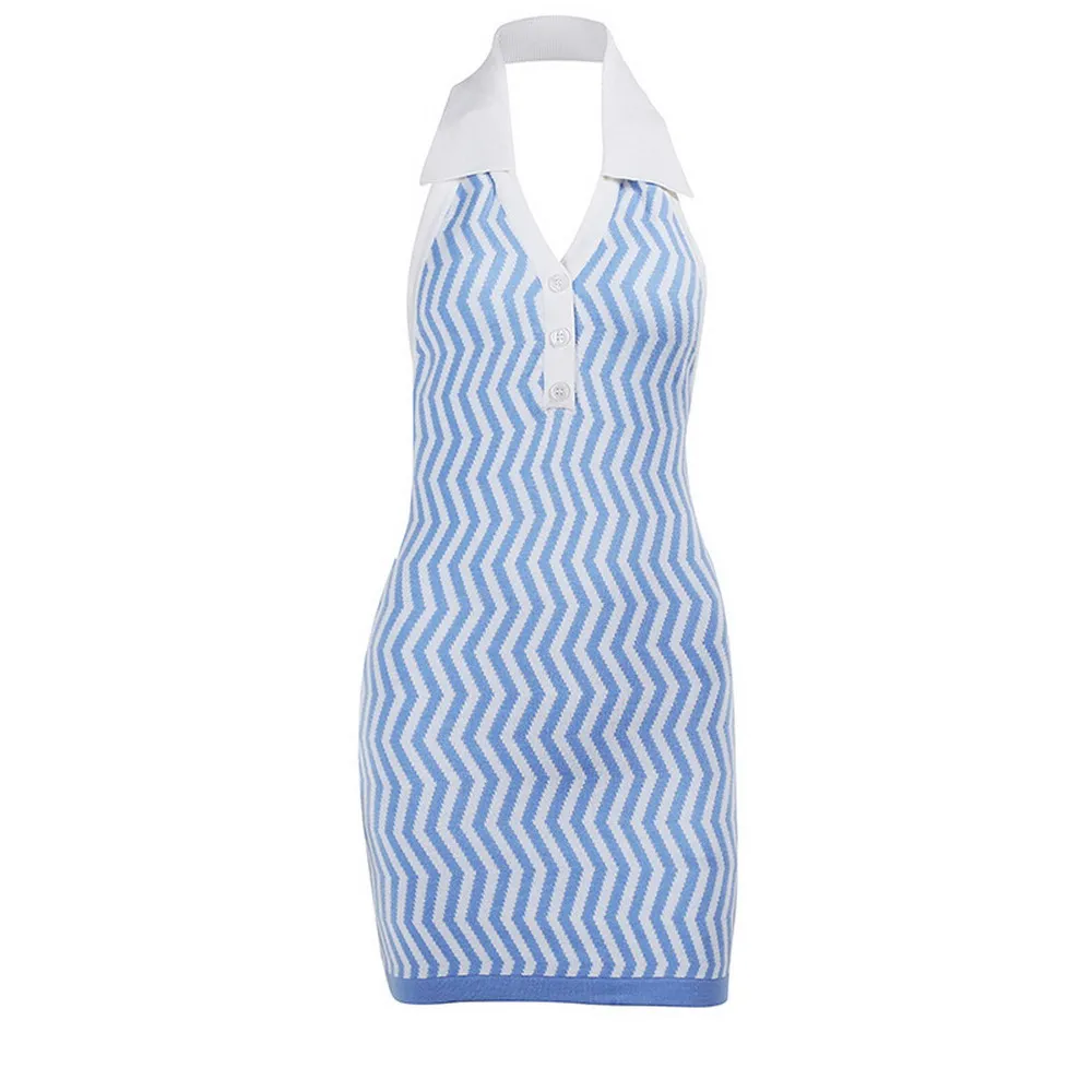 

Blue Knitted Bodycon Dress Women Summer 2021 Halter Backless Mini Dress Vintage Striped Sexy Short Dress Beach Club Wear