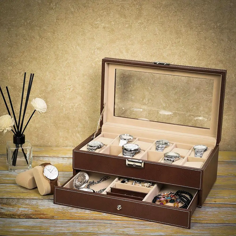 

12 Slots Watch Box Mens Watch Organizer Lockable Jewelry Display Case with Real Glass Top Faux Leather Brow