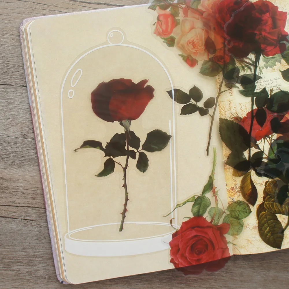 

10pcs Big Size Lady and Beast Red Rose Flower Style PVC Transparent Sticker Scrapbooking DIY Gift Decoration Tag